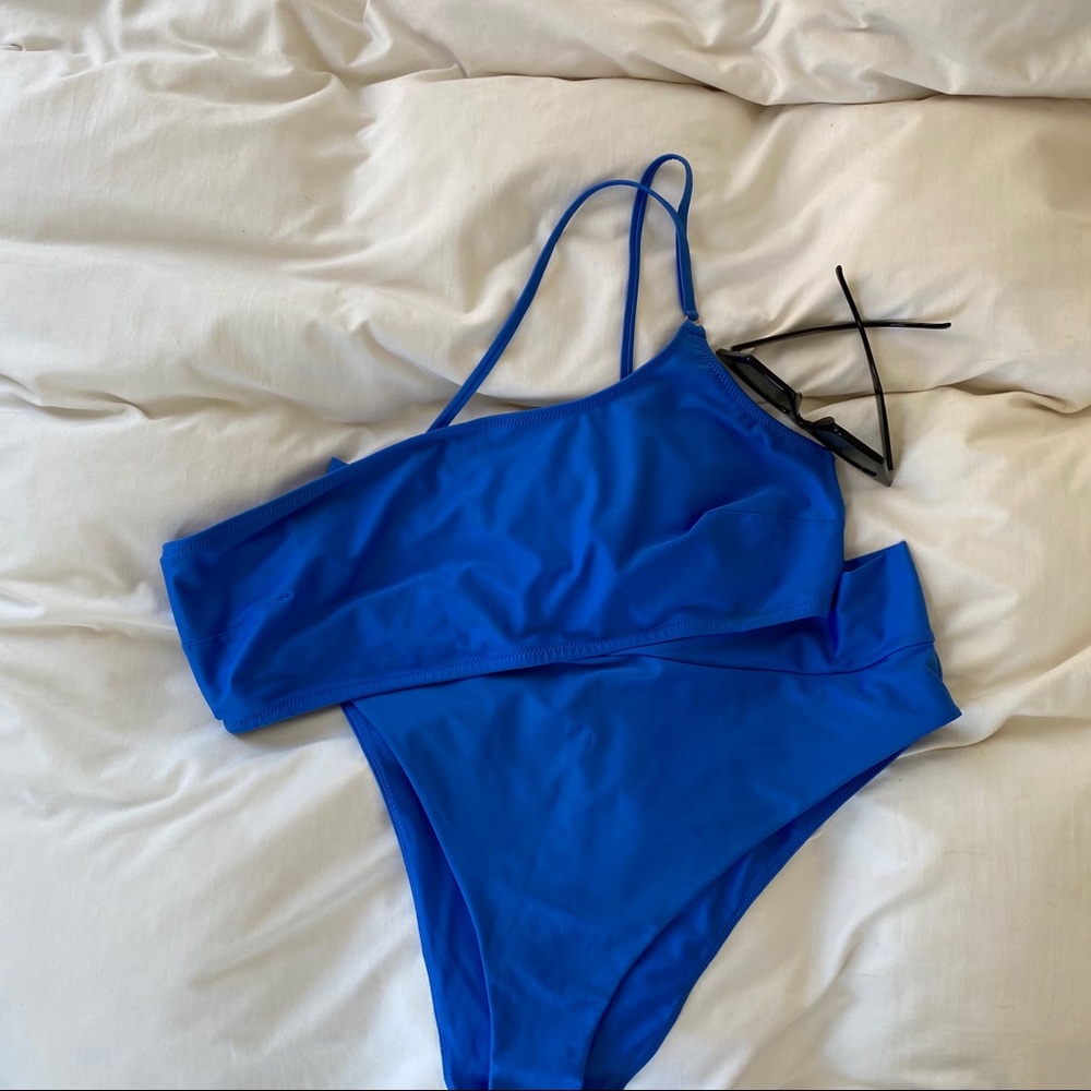 AERIE BLUE ONE SHOULDER HIGH WAISTED CHEEKY BIKINI